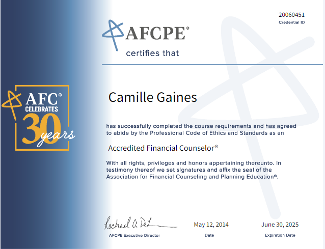 AFC Financial Certification Camille Gaines